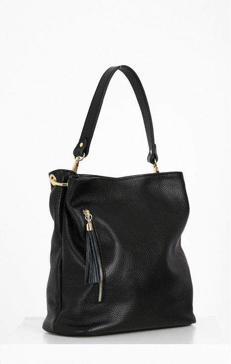Leather Hobo Bag with Tassel in Black
