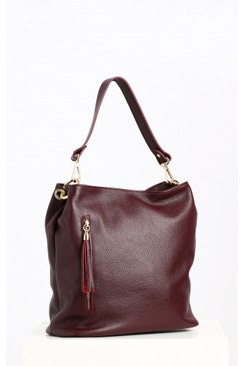 Leather Hobo Bag with Tassel in Dark Red [1]