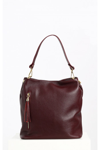 Leather Hobo Bag with Tassel in Dark Red