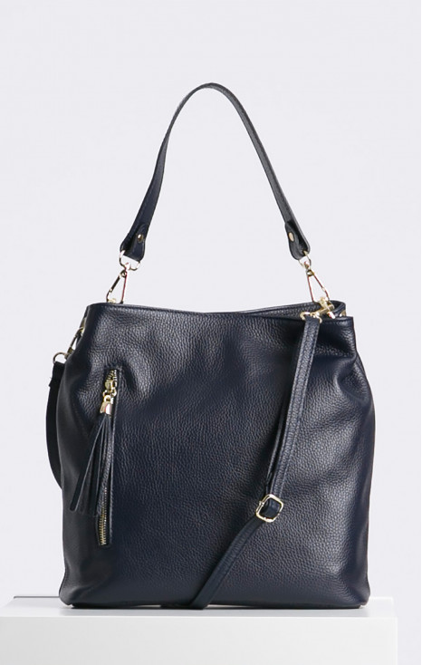 Leather Hobo Bag with Tassel in Indigo