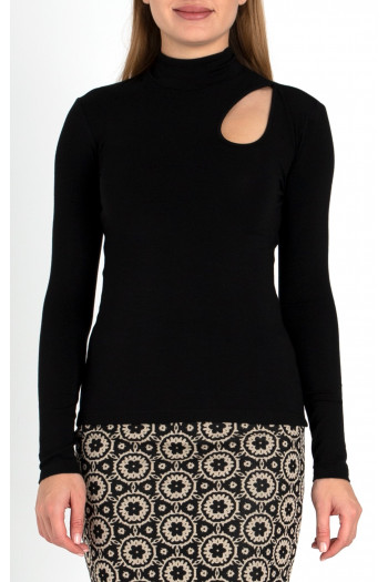 Attractive blouse with low polo collar and cut-out in black color