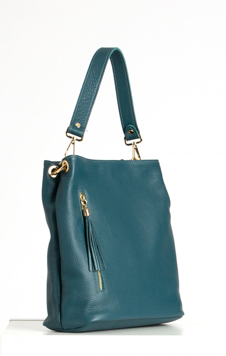 Leather Hobo Bag with Tassel in Teal
