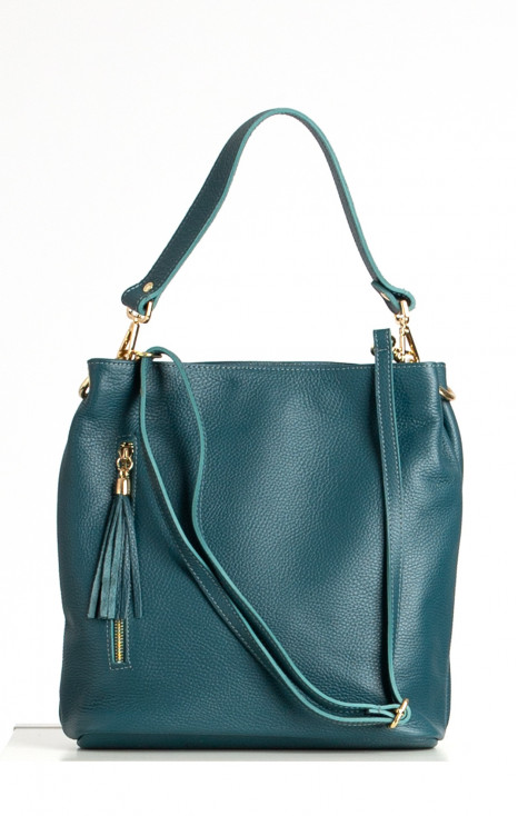 Leather Hobo Bag with Tassel in Teal