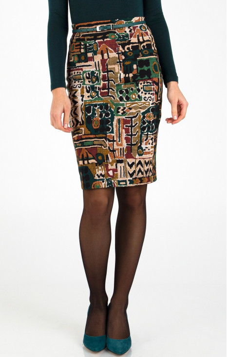 Abstract Print Pencil Skirt in Brown