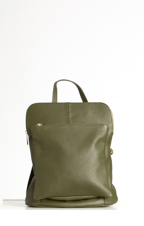 Multiway Leather Backpack with Front Pocket in Olive Green