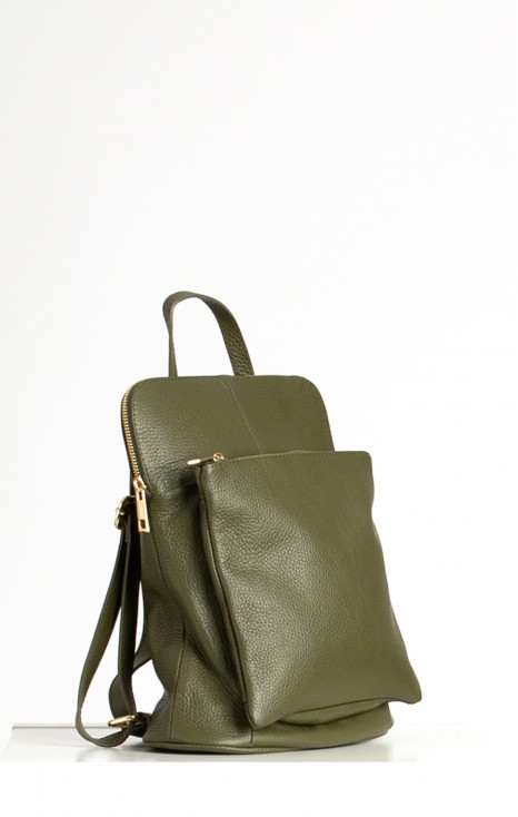 Multiway Leather Backpack with Front Pocket in Olive Green