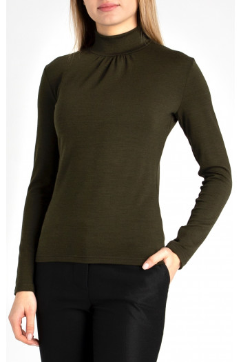 Wool Blend Polo Neck Top in Olive Green