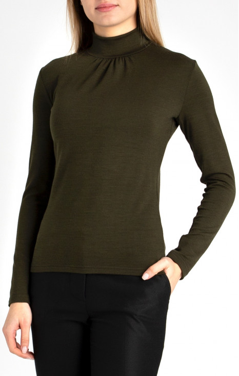 Wool Blend Polo Neck Top in Olive Green