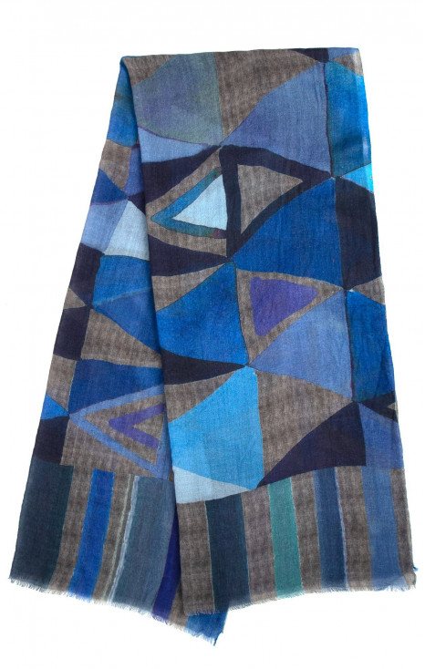 Wool and Silk Geo Scarf in Blue