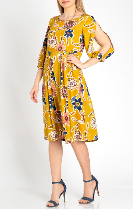 Cut out sleeves Viscose Dress in Yellow