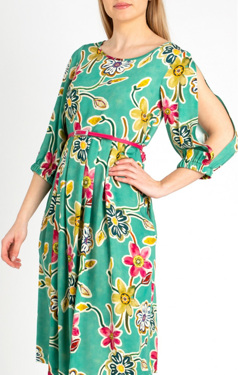 Cut out sleeves Viscose Dress in Green