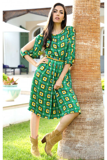 Cut out sleeves Viscose Dress in Grass Green