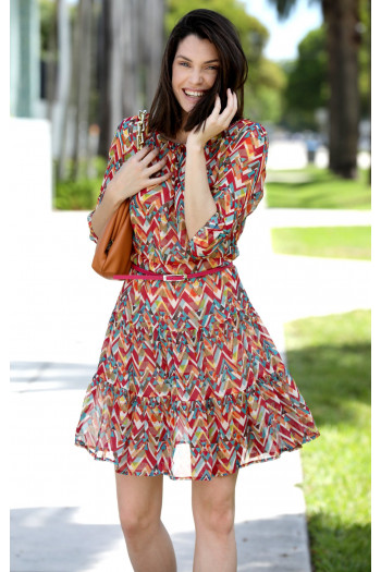 Crepe Viscose Dress with Frills in Orange