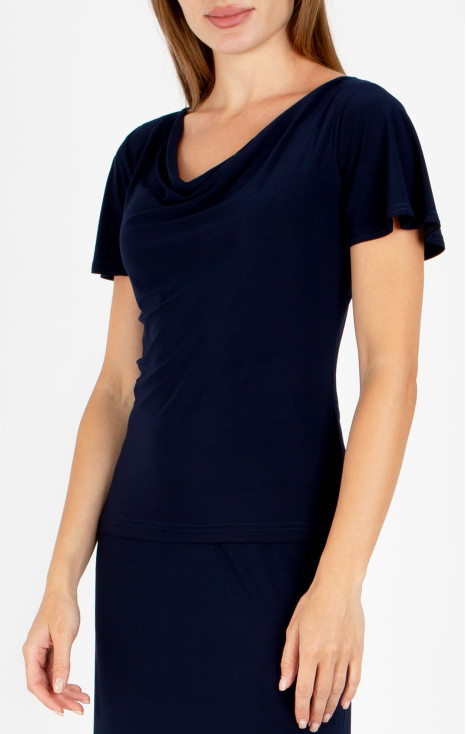 Elegant blouse with a draped neckline in Dark Navy Blue