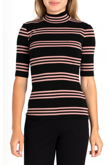 Stylish high neck viscose top in black color and pink stripes