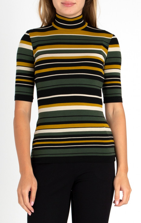 High neck viscose top with stripes in Green and Mustard color