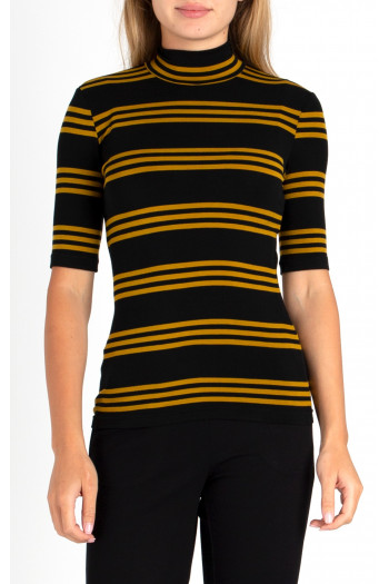 Black high neck viscose top with stripes in Mustard color