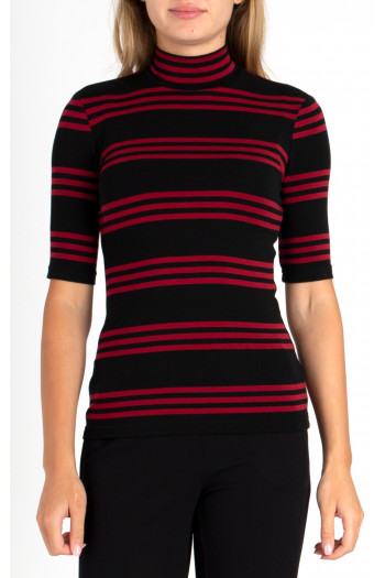 Black high neck viscose top with red stripes