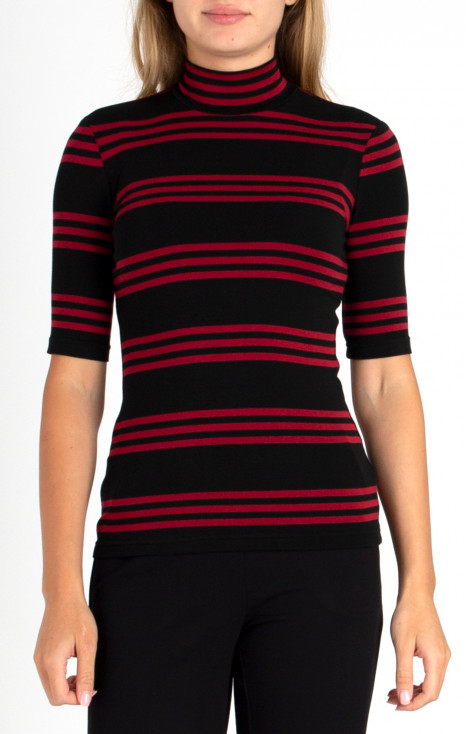 High Neck Jersey Top with Stripes in Red
