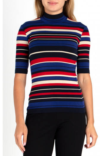 High neck viscose top with stripes in blue and red color