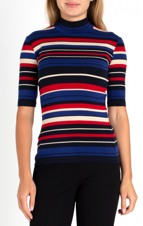 High Neck Jersey Top with Stripes in Blue