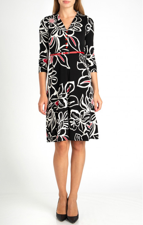 V neck Jersey Dress in Black and Red