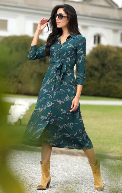 Shirt type dress with floral motive