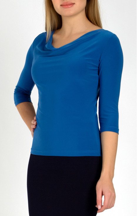 Stylish top with draped neckline in blue color
