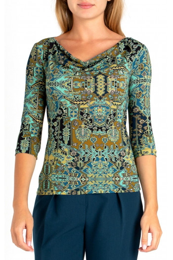 Elegant top with draped neckline with graphic and floral print in blue-green color