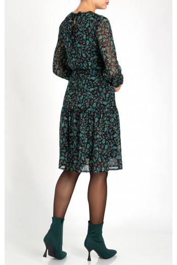 Long Sleeves Floral Dress with Frills in Green [1]