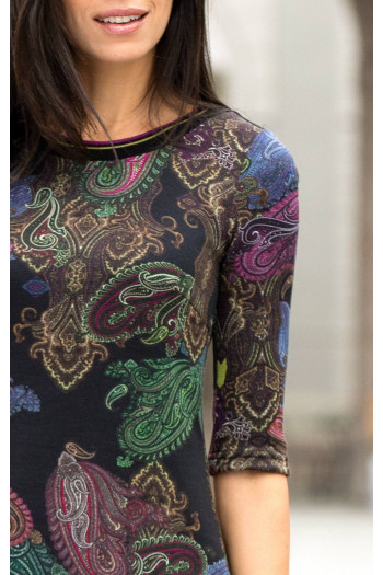 Stylish 3/4 sleeve dress with multicolor paisley pattern in black color [1]