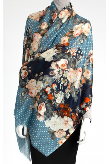 Cash-modal scarf in blue color with white dots and beautiful floral pattern [1]