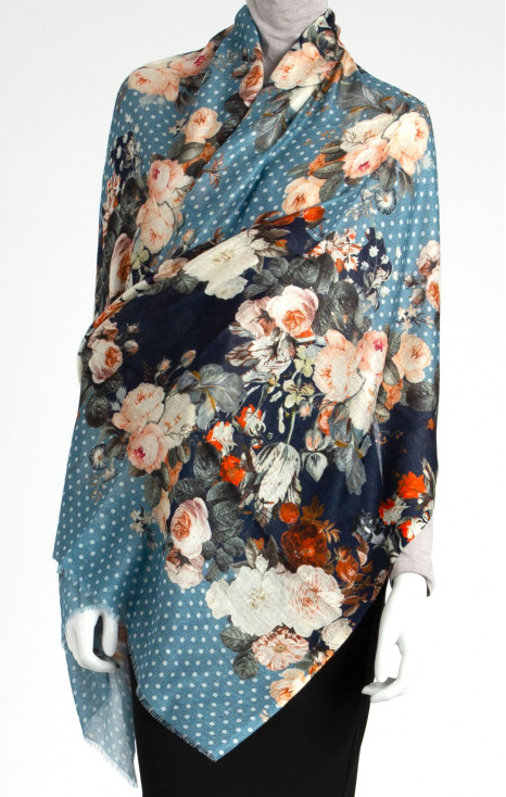 Cash-modal scarf in blue color with white dots and beautiful floral pattern [1]