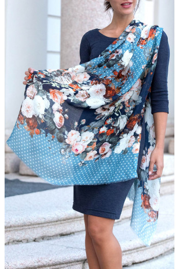 Cash-modal scarf in blue color with white dots and beautiful floral pattern