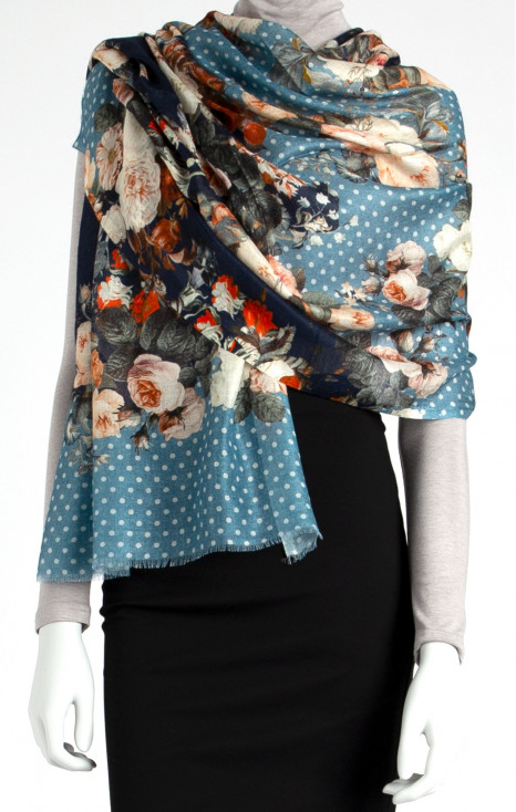 Cash-modal scarf in blue color with white dots and beautiful floral pattern