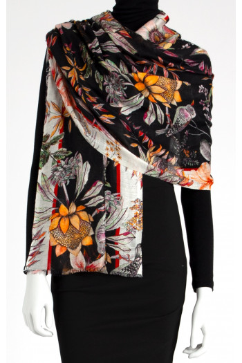 Cash-modal scarf with exotic birds and  floral pattern on black color [1]