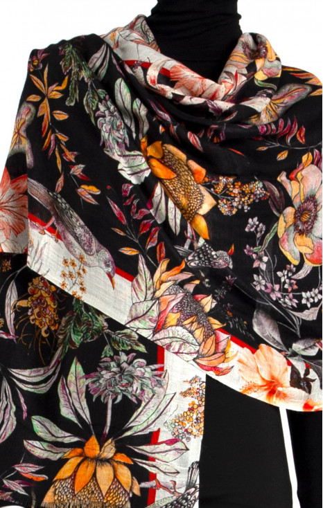Cash-modal scarf with exotic birds and  floral pattern on black color