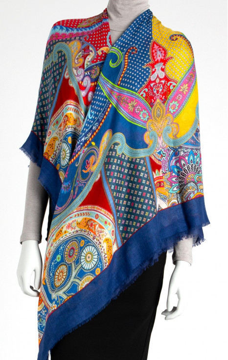 Silk and Modal Scarf with Paisleys Pattern in Blue
