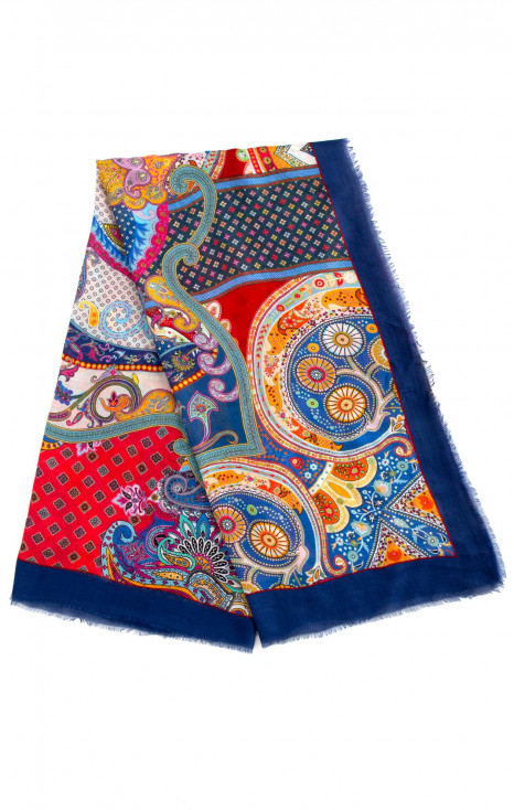 Silk and Modal Scarf with Paisleys Pattern in Blue