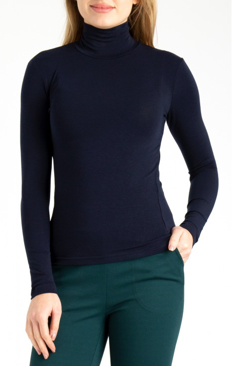 Stylish long sleeve top with high polo collar in Navy Blue