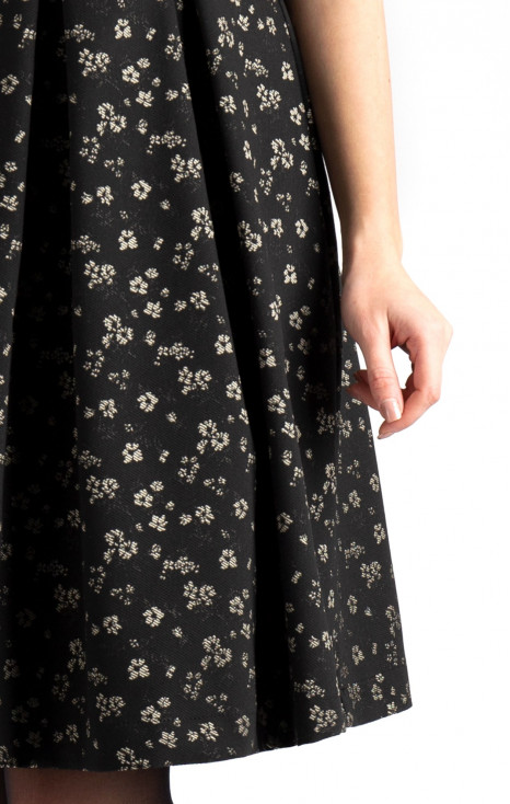 Pleated Floral Black Dress with Sleeves
