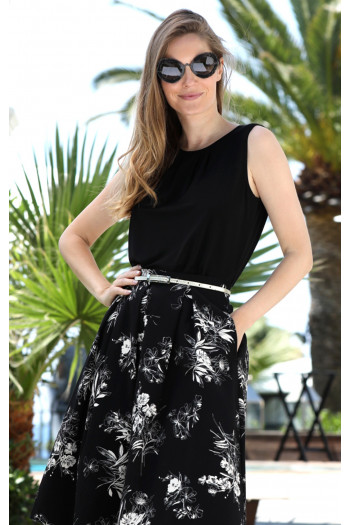 Pleated Floral Skirt in Black [1]