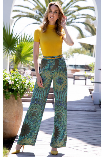 Wide Leg Trousers with a Print in  Light Green