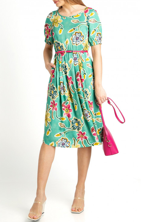 Viscose dress with floral motive in Aqua Green color