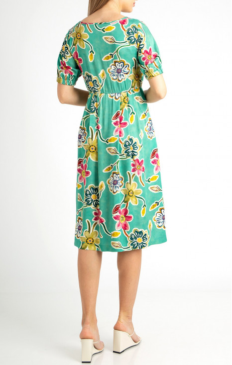 Viscose dress with floral motive in Aqua Green color