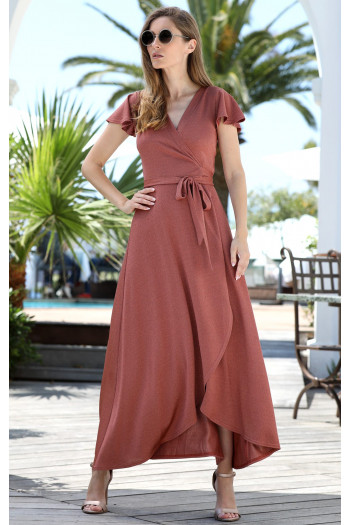 Wrap Maxi Dress in Coral Gold