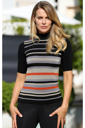 High Neck Jersey Top with Stripes in Grey