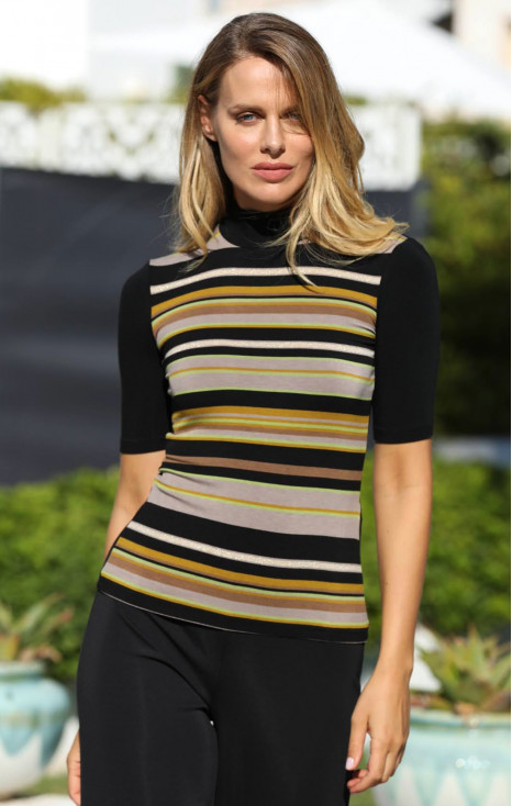 High Neck Jersey Top with Stripes in Brown