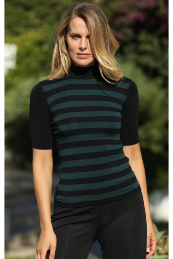 High Neck Jersey Top with Stripes in Dark Green [1]