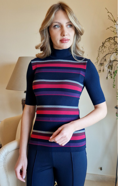 High Neck Jersey Top with Stripes